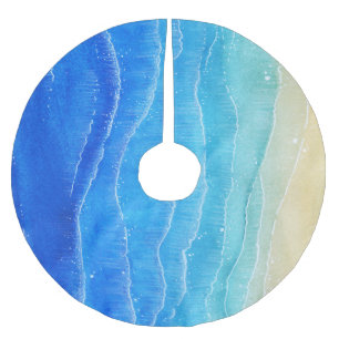 Watercolor sea and beach view. brushed polyester tree skirt