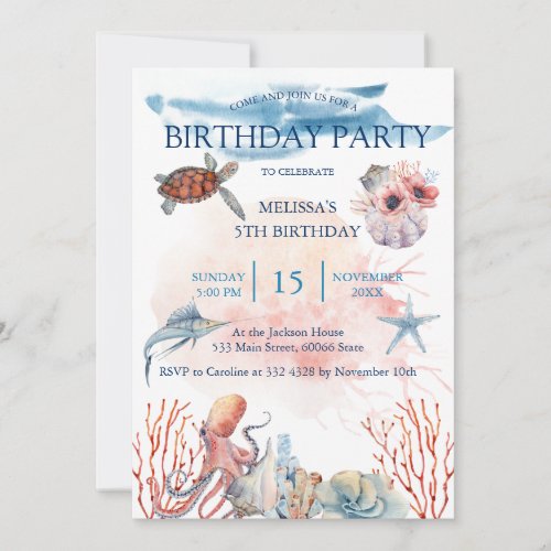 Watercolor Sea Animals Birthday Party Invitation