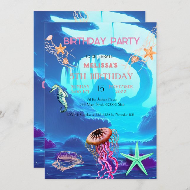 Watercolor Sea Animals Birthday Party Invitation (Front/Back)