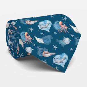 Watercolor Sea Animals Ocean Blue Design Neck Tie