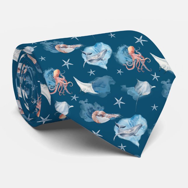 Watercolor Sea Animals Ocean Blue Design Neck Tie (Rolled)