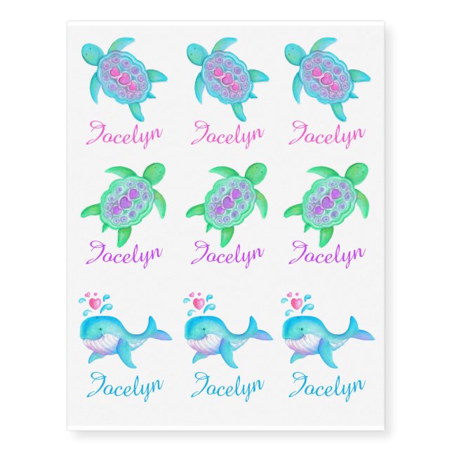 Watercolor sea animals personalized name art temporary tattoos (Front)