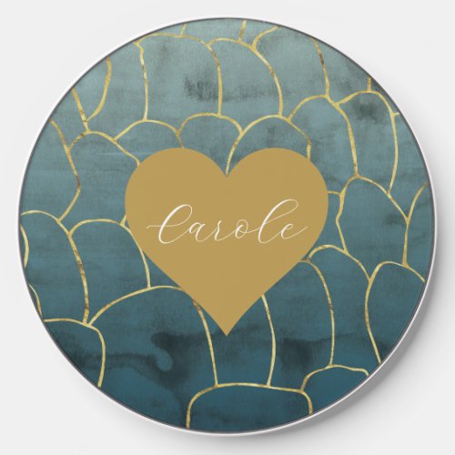 Watercolor Sea Blue and Gold Wireless Charger