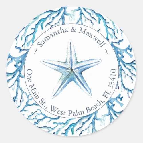 Watercolor Sea Coral Starfish Return Address Classic Round Sticker