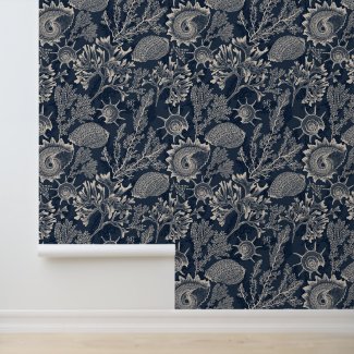 Watercolor Sea Corals Seashells Dark Blue Coastal