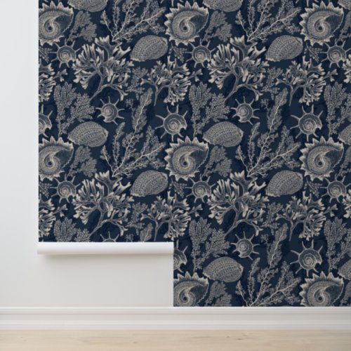 Watercolor Sea Corals Seashells Dark Blue Coastal Wallpaper