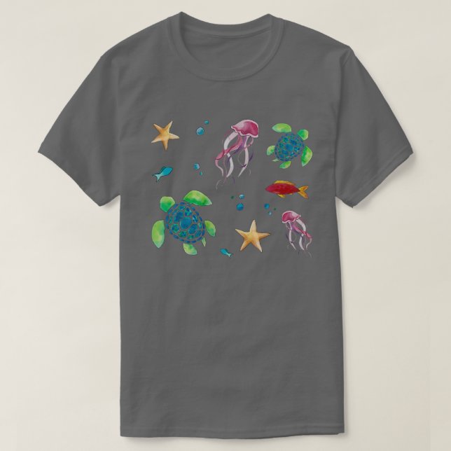 Watercolor Sea Creatures Pattern T-Shirt (Design Front)