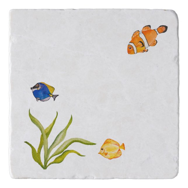 Watercolor sea fish and seaweed trivet (Front)