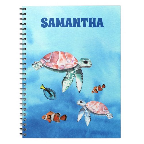 Watercolor Sea Friends Fish Turtles Monogram Name Notebook
