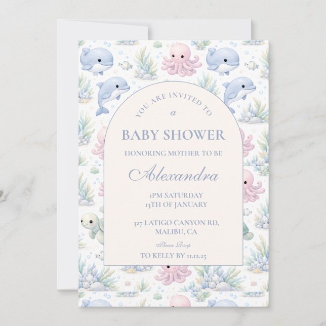 Watercolor Sea Life Elegant Baby Shower Invitation (Front)