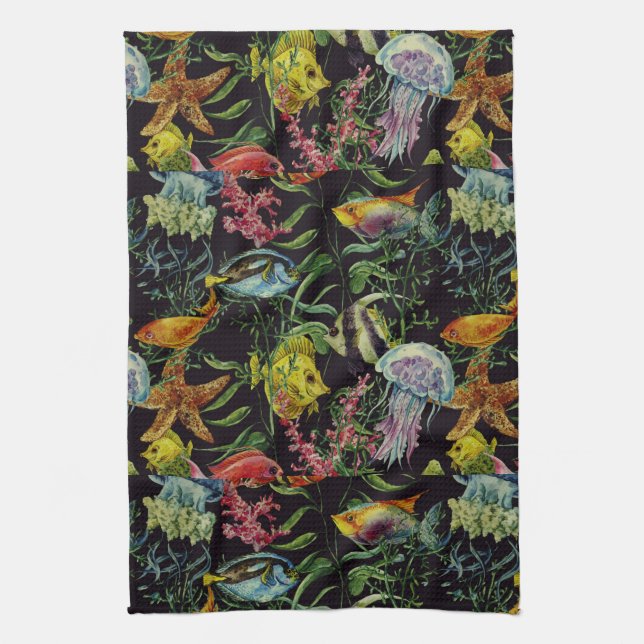 Watercolor Sea Life Pattern 1 Kitchen Towel (Vertical)