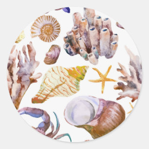 Watercolor Sea Life Pattern 4 Classic Round Sticker