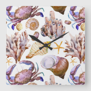 Watercolor Sea Life Pattern 4 Square Wall Clock