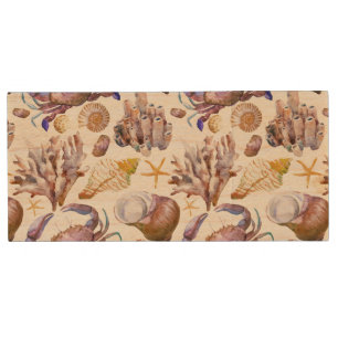 Watercolor Sea Life Pattern 4 Wood Flash Drive