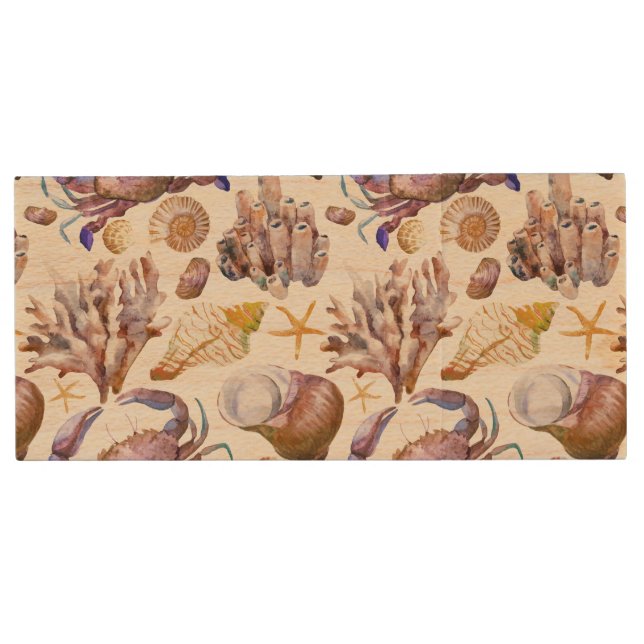 Watercolor Sea Life Pattern 4 Wood Flash Drive (Front)