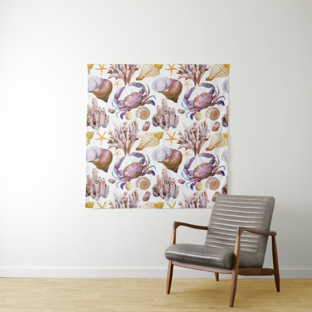 Watercolor Sea Life Pattern Tapestry (In Situ (Horizontal))