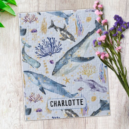 Watercolor Sea Life Whales Faux Glitter Name Gift Jigsaw Puzzle