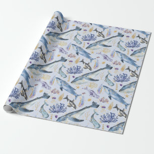 Watercolor Sea Life Whales Orcas Dolphins Glitter Wrapping Paper