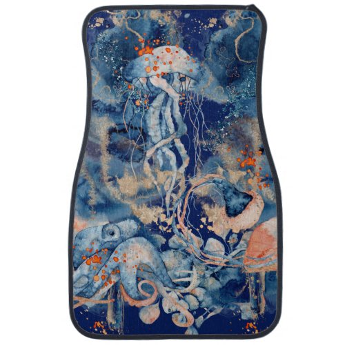 Watercolor sea mammals octopus navy orange chic car floor mat