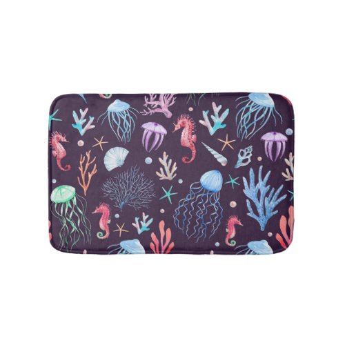 Watercolor sea pattern delicate pink nautical bath mat