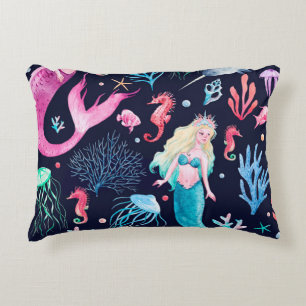 Watercolor sea pattern with mermaids, corals, seah accent pillow