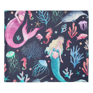 Watercolor sea pattern with mermaids, corals, seah duvet cover