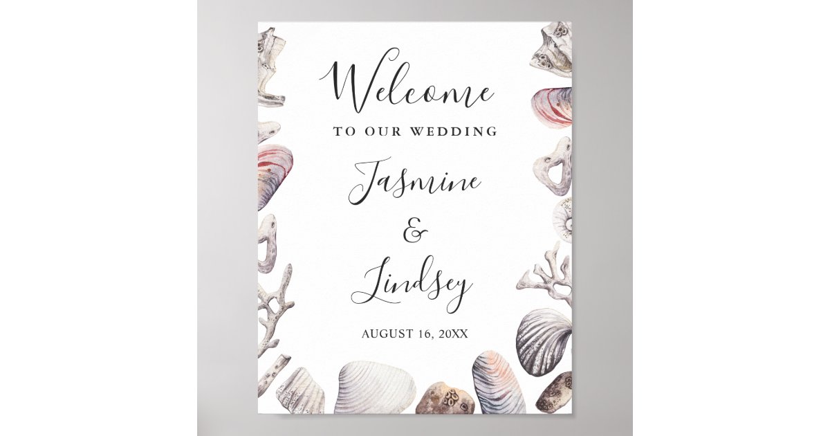 Watercolor Sea Shell Beach Wedding Welcome Sign | Zazzle