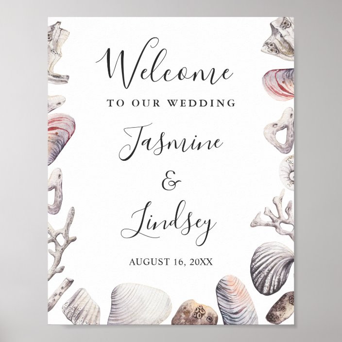 Watercolor Sea Shell Beach Wedding Welcome Sign | Zazzle
