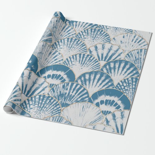 Watercolor sea shell japanese waves seamless patte wrapping paper