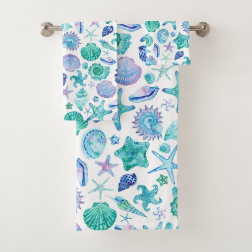 Watercolor Sea Shells and Starfish Bath Towel Set