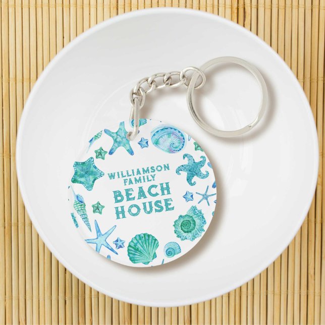 Watercolor Sea Shells and Starfish Beach House Keychain (Watercolor Sea Shells and Starfish Beach House Keychain)