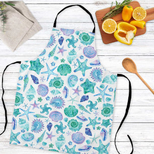 Watercolor Sea shells and Starfish Coastal Beach Apron