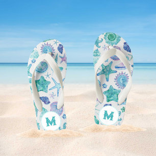 Watercolor Sea Shells and Starfish Monogram Kid's Flip Flops