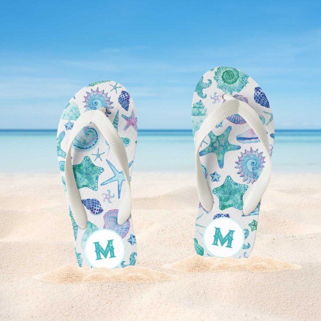 Watercolor Sea Shells and Starfish Monogram Kid's Flip Flops (Watercolor Sea Shells and Starfish Monogram Kid's Flip Flops)