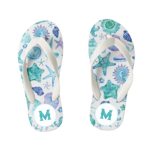 Watercolor Sea Shells and Starfish Monogram Kids Flip Flops