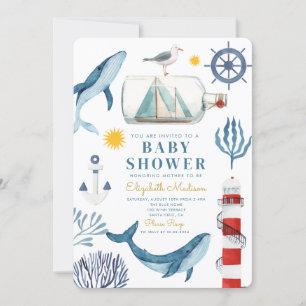 Watercolor Sea Ship,Sailor Whale Sea Baby Shower Invitation