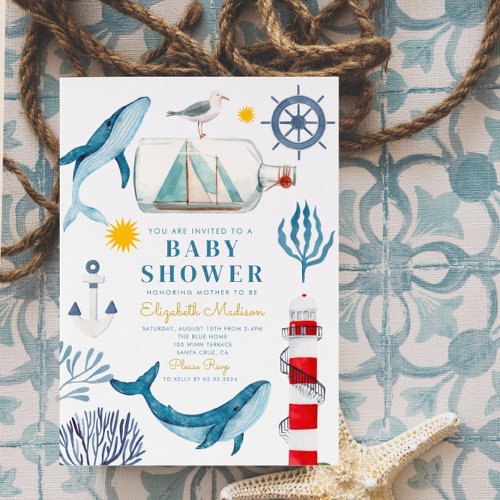 Watercolor Sea ShipSailor Whale Sea Baby Shower  Invitation