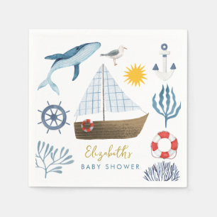 Watercolor Sea Ship,Sailor Whale Sea Baby Shower Napkins
