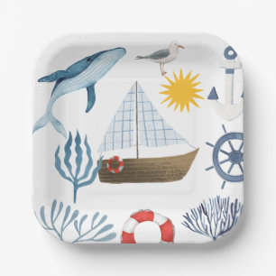 Watercolor Sea Ship,Sailor Whale Sea Baby Shower Paper Plates