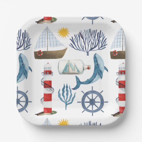 Watercolor Sea ShipSailor Whale Sea Baby Shower  Paper Plates