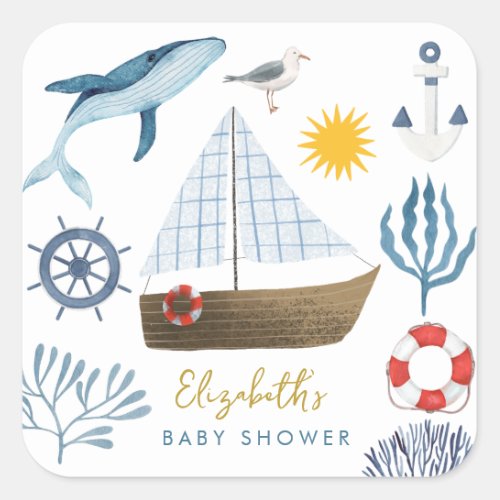 Watercolor Sea ShipSailor Whale Sea Baby Shower  Square Sticker