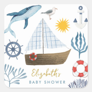 Watercolor Sea Ship,Sailor Whale Sea Baby Shower Square Sticker