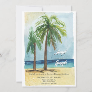 Watercolor sea tropical coconut tree wedding invitation