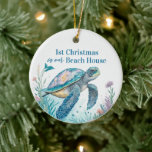Watercolor Sea Turtle 1st Christmas Beach House Ceramic Ornament<br><div class="desc">Watercolor sea turtle ornament with the text "1st Christmas in our beach house" in blue and green colors for a Coastal Christmas. Personalize it with your family name or a message and the year on the back.</div>