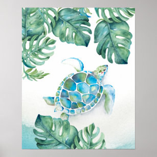 Watercolor Sea Turtle and Monstera Leaves Poster