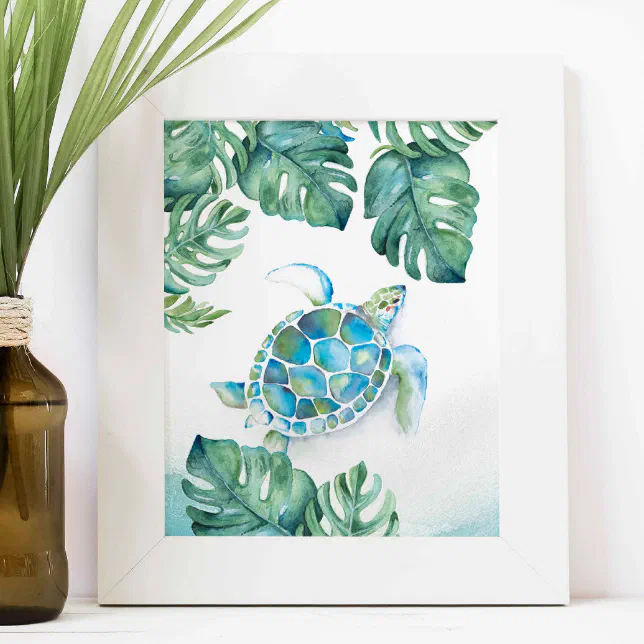 Watercolor Sea Turtle and Monstera Leaves Poster | Zazzle