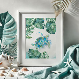 Watercolor Sea Turtle and Monstera Leaves Poster