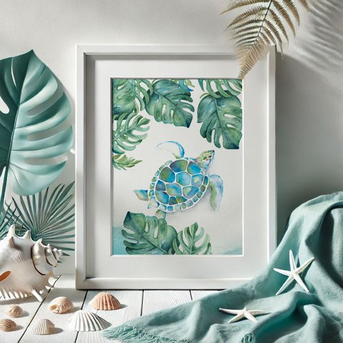 Watercolor Sea Turtle and Monstera Leaves Poster