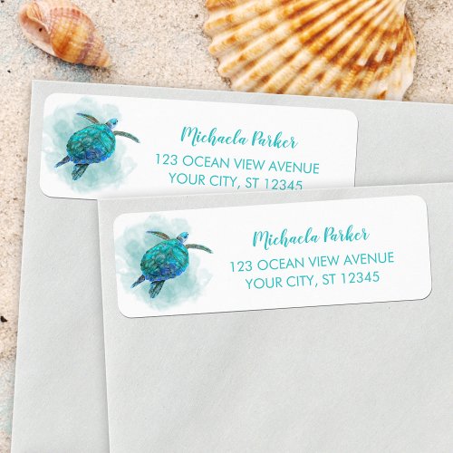 Watercolor Sea Turtle Aqua Blue Return Address Label