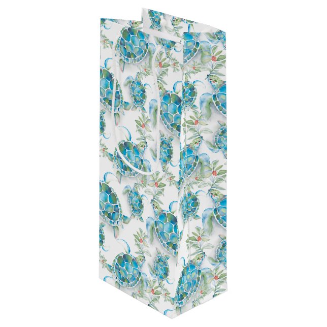 Watercolor Sea Turtle Beach Christmas Wine Gift Bag (Front Angled)